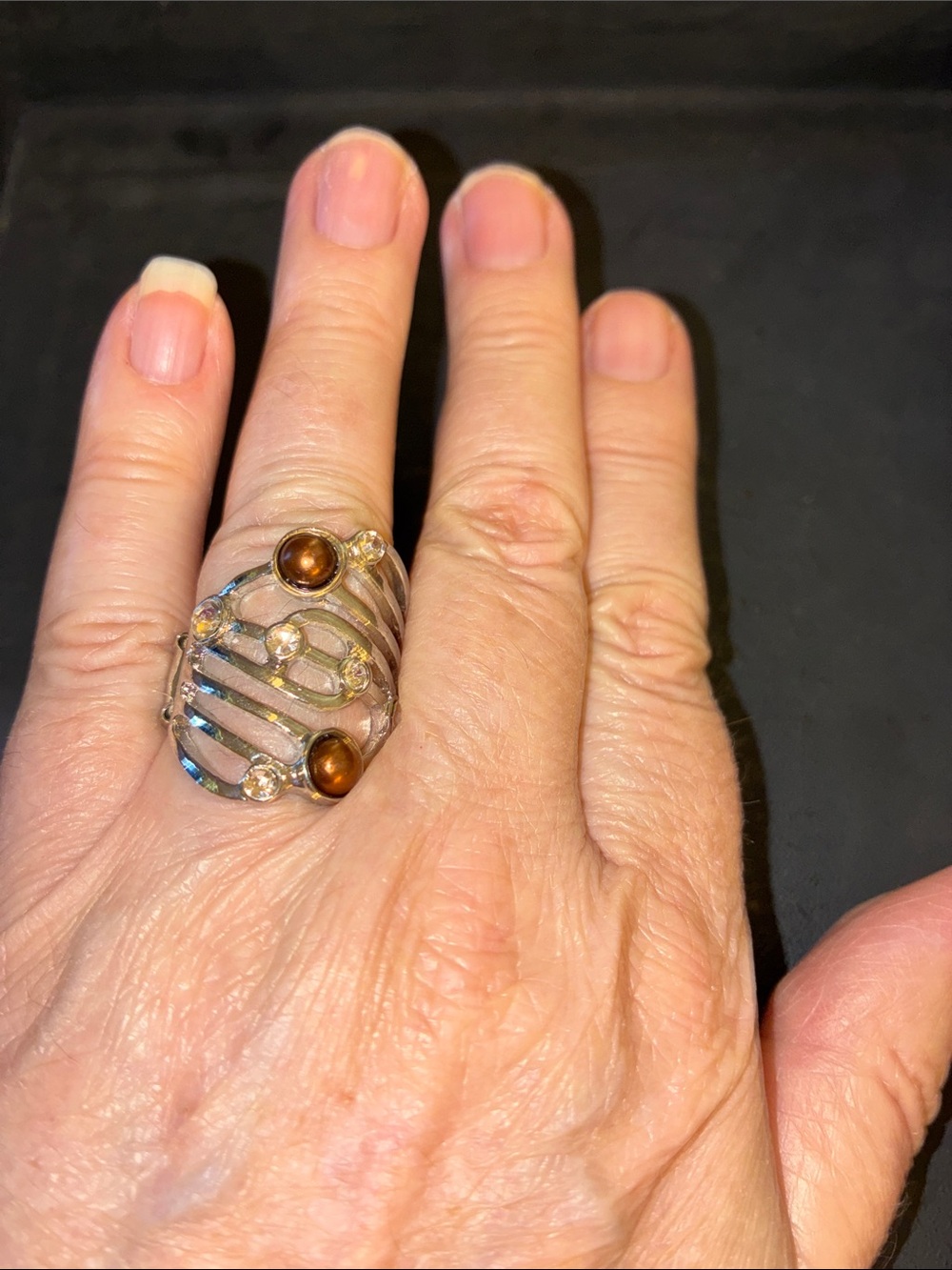Silver-Tone Statement Stretch Ring with Brown Gemstones